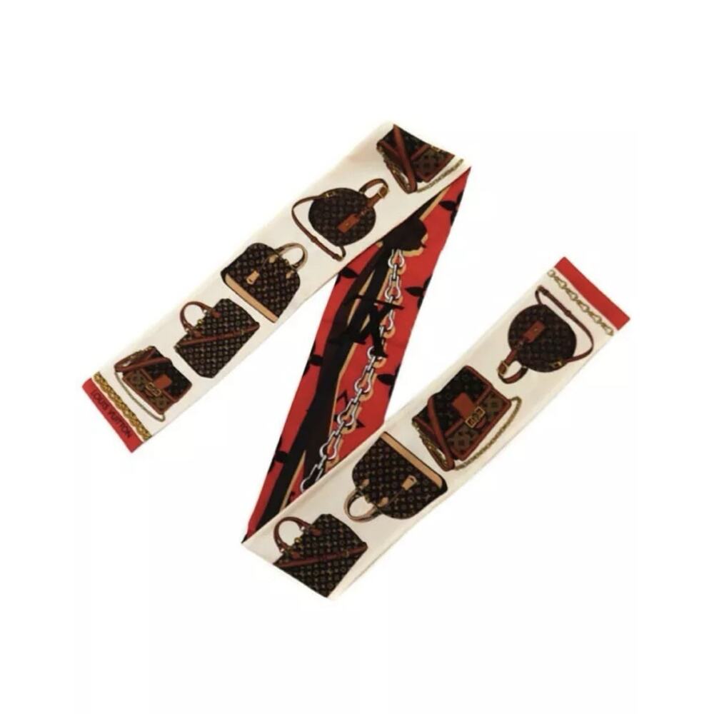 ❌sold❌ Auth Louis Vuitton M76645 Scarf Bandana Ivory Red Silk Bandeau Tribute